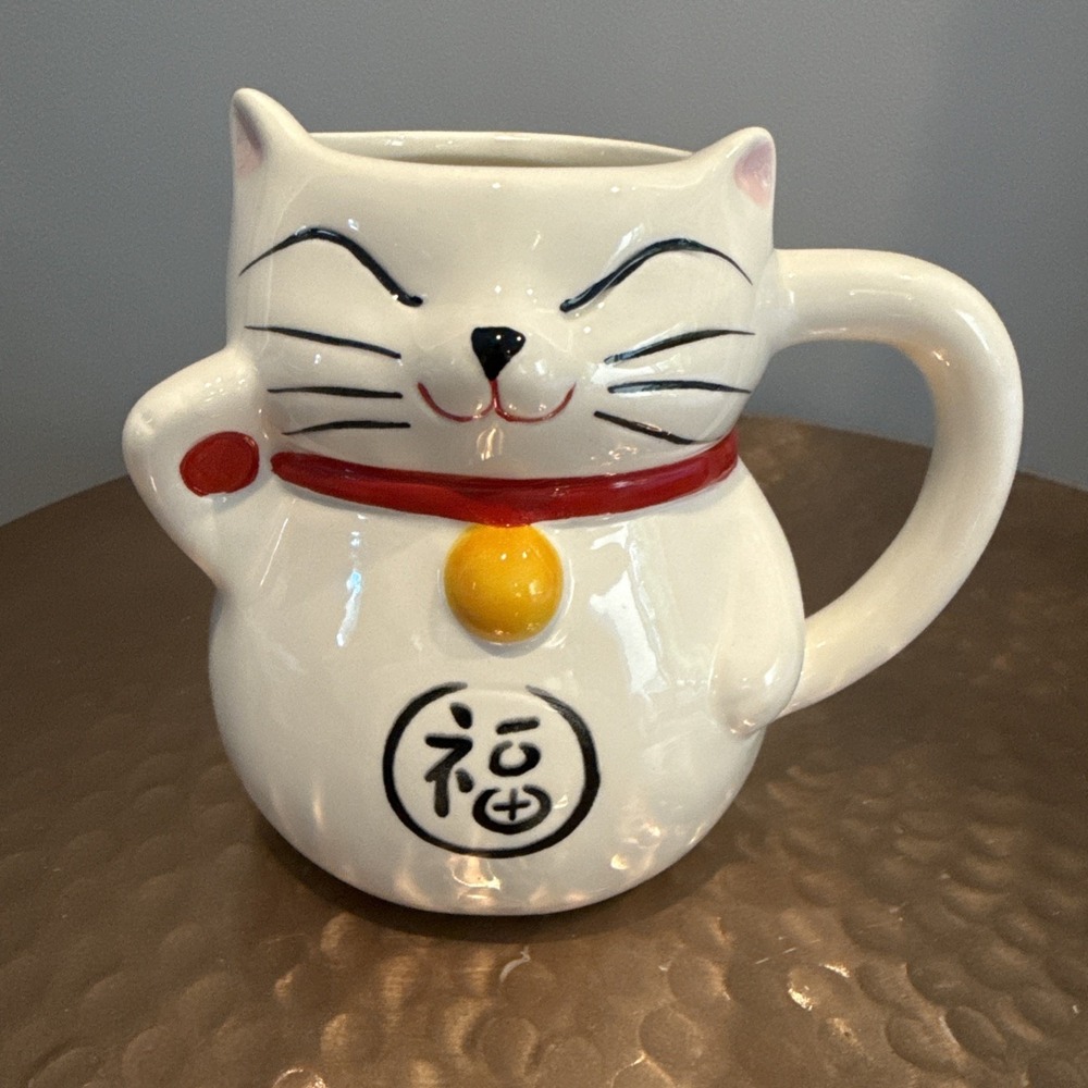 World Market Japanese Lucky Symbol Cat Mug White Maneki Neko Ceramic Coffee Cup